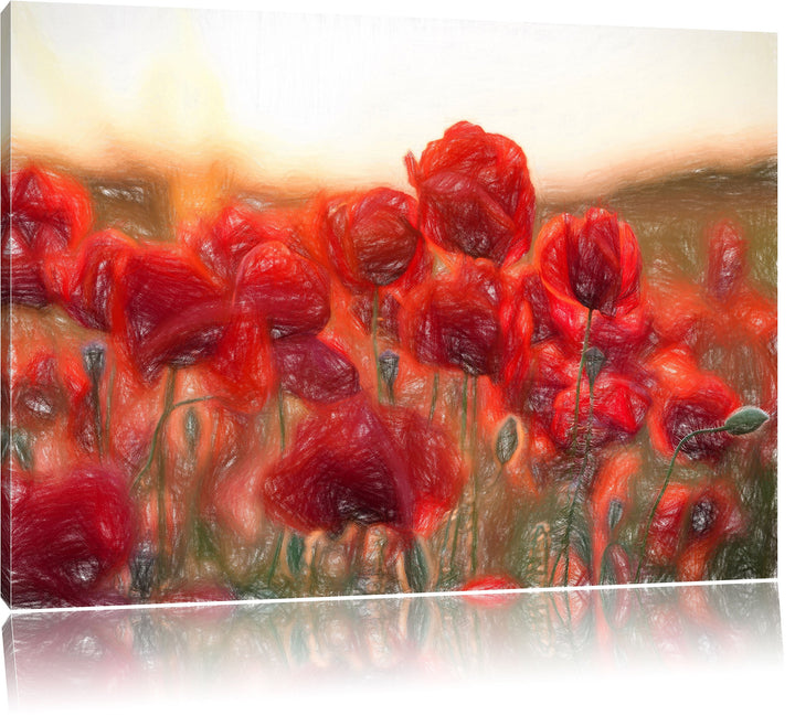 Pixxprint Feuriger Mohn Kunst Buntstift Effekt, Format: 100x70 auf Leinwand, 100x70