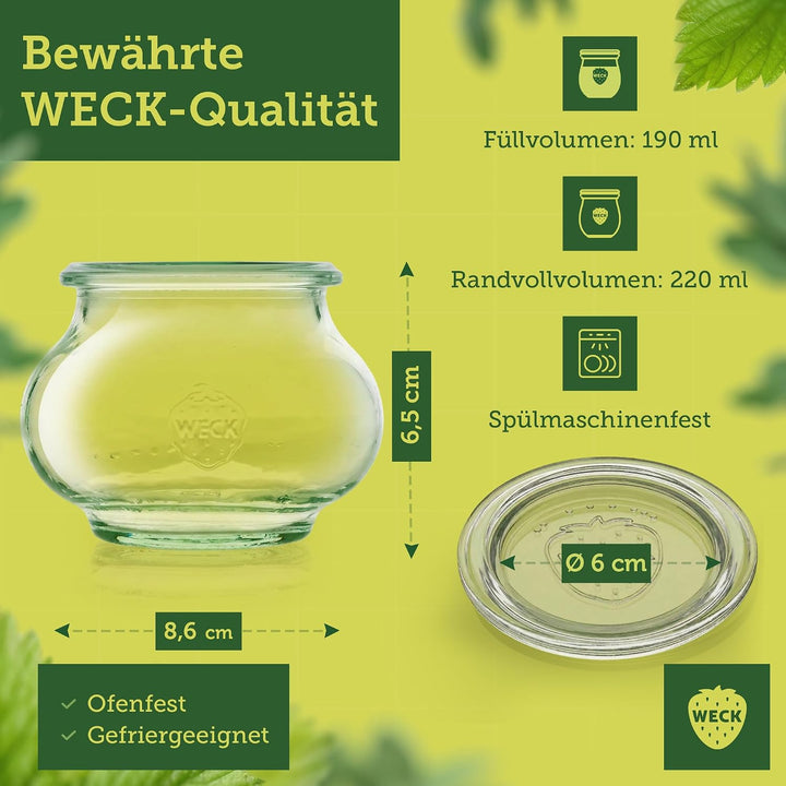 Weck Gläser 190ml – 12er Set mit Deckeln – Schmuckform – robuste, stapelbare Vorratsgläser &amp; Einweck