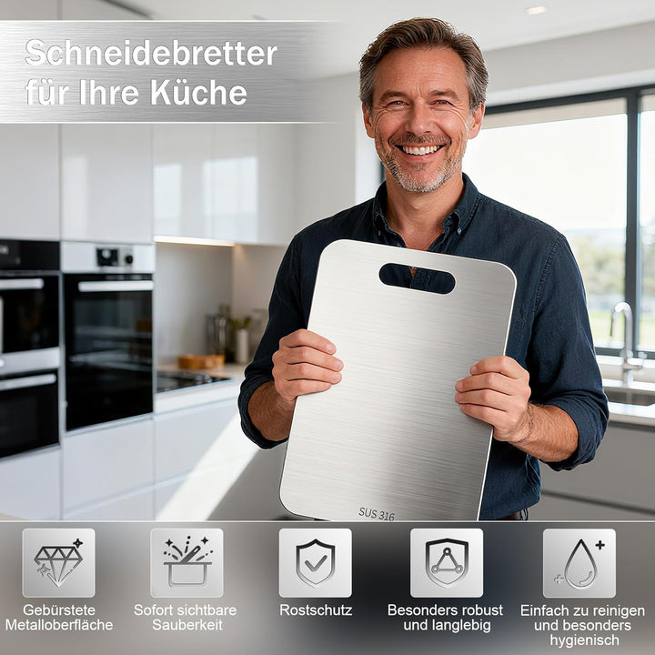 3 Stück Titan Schneidebrett Set, Upgrade S316 Schneidebrett Edelstahl mit Schwamm, Doppelseitiges L