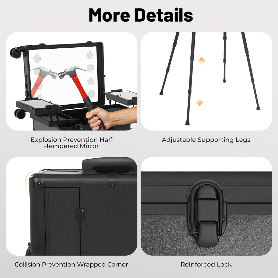 Profi Kosmetikkoffer Trolley mit 4 Rollen & Beleuchtung & Spiegel,Make up Organizer Koffer Schminkko