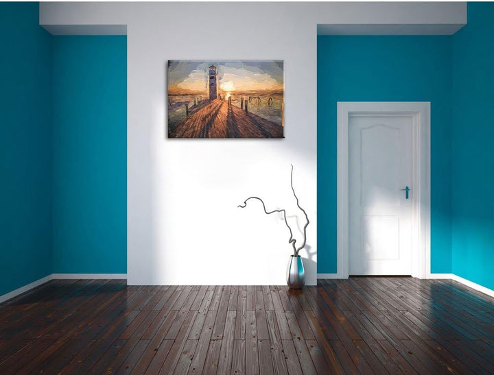 Pixxprint Leuchtturm am Steg als Leinwandbild/Grösse: 100x70 cm/Wandbild/Kunstdruck/fertig bespannt,