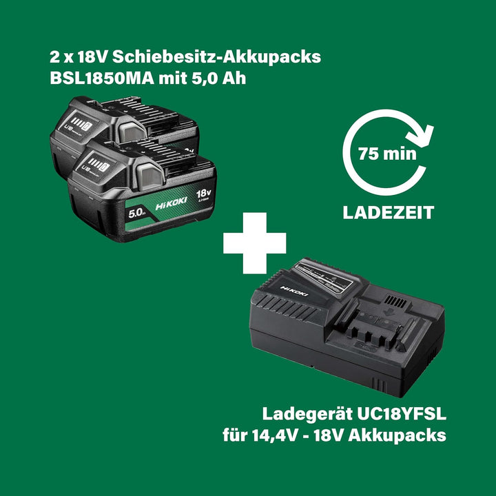 HIKOKI Akku Bohrschrauber DS18DCWPZ, Bohrfutterweite: 1,5-13 mm (18V, 5,0 Ah Li-ion Akku, Max. Festd