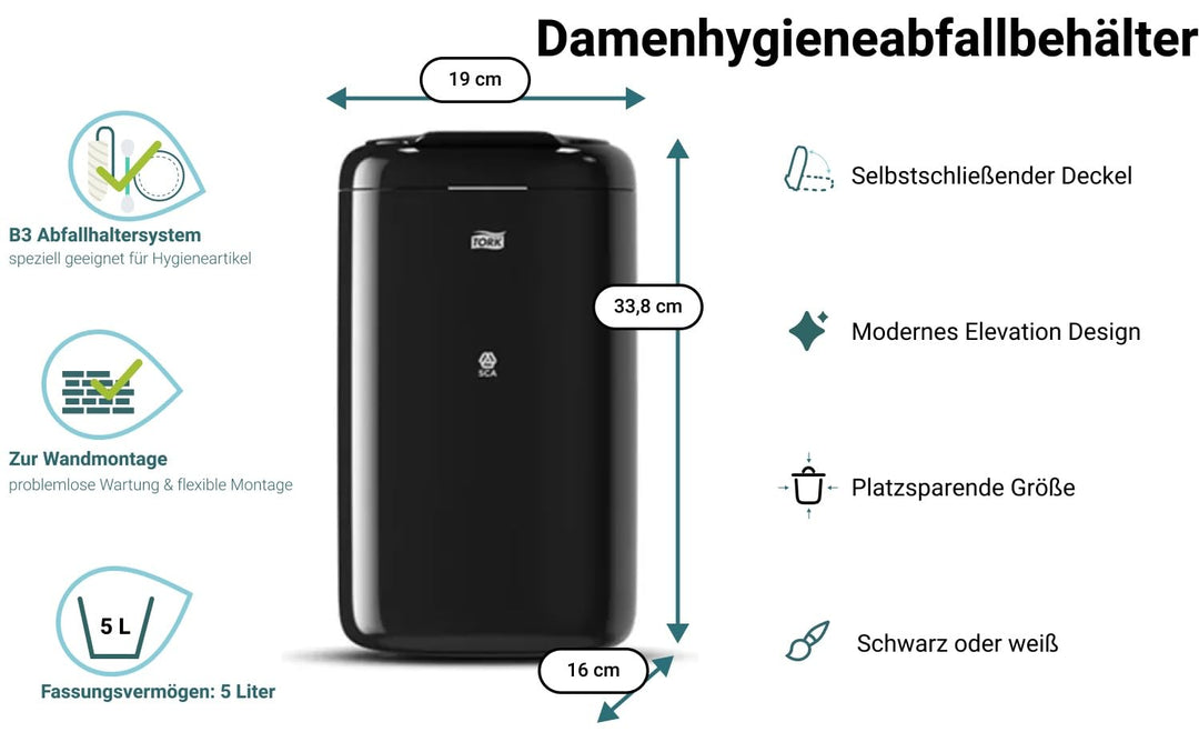 Damenhygiene-Abfallbehälter B3 Schwarz | Selbstschliessender Deckel, Wand- &amp; Bodenmontage, Elevation