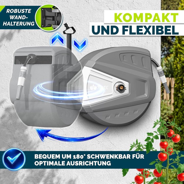 tillvex Schlauchtrommel Wasser 15+2m mit Wandhalterung + Tragegriff | Schlauchaufroller mit Handbrau