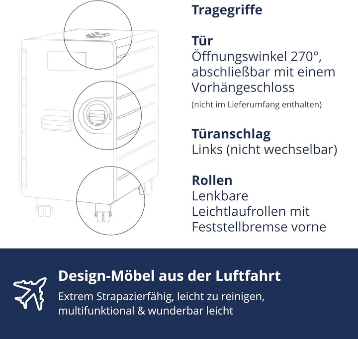 VanDeBord Bord Box XL mit Rollen Schwarz, grosser Rollcontainer, original Flugzeugmöbel aus der Luft