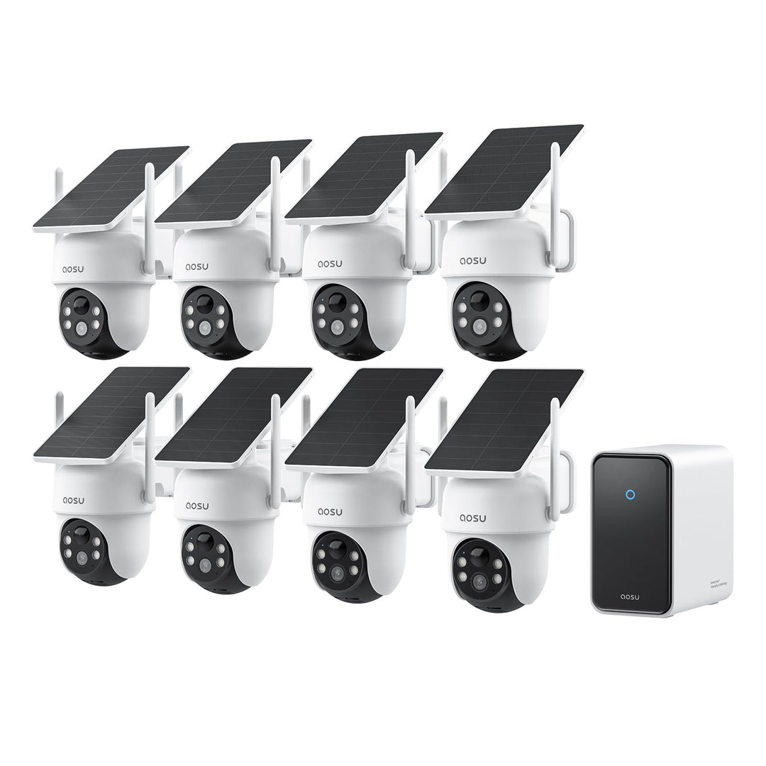 aosu 3K Überwachungskamera Aussen Solar Akku, 8 Cam-Kit &amp; aosuCortex, Kein ABO, 5MP UHD, 32GB Lokal