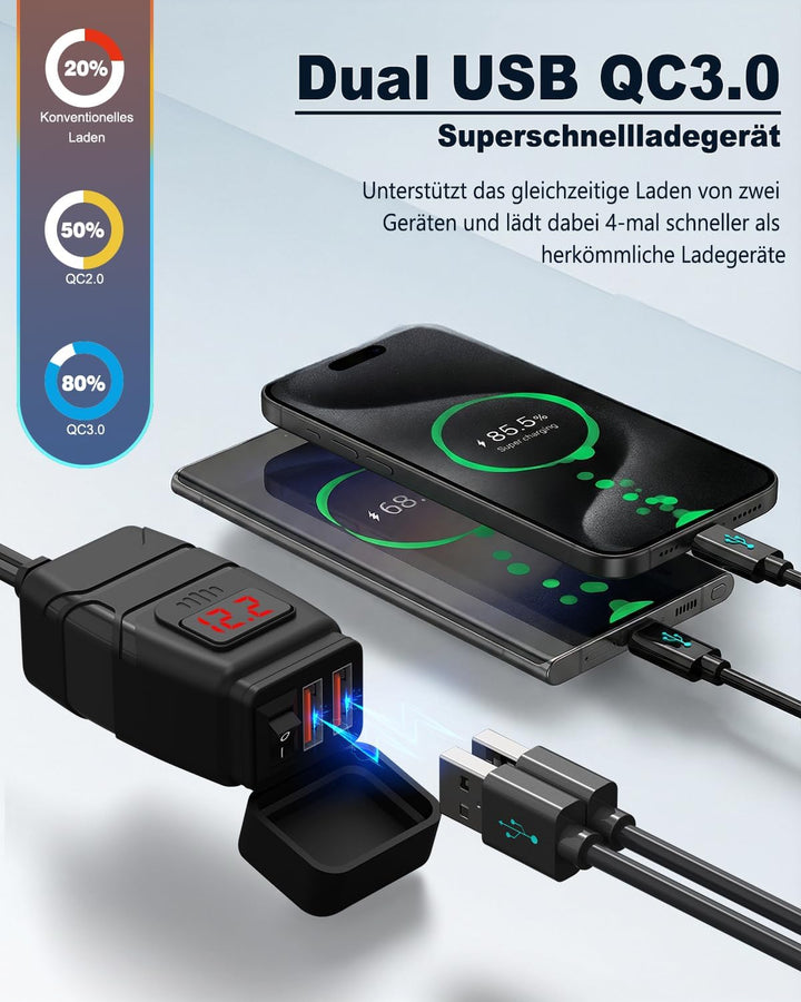 Extractme Motorrad-USB-Ladegerät, 6.8 A Schnellladung 3.0 Dual-USB-Motorrad-Handy-Ladegerät mit Volt