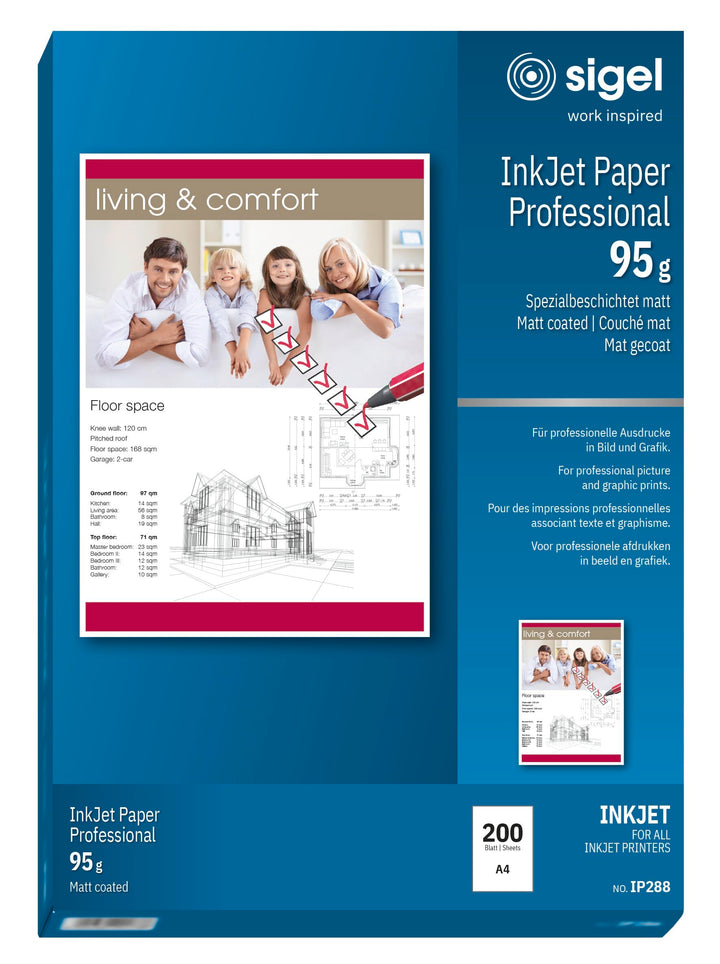 SIGEL IP288 InkJet-Papier Professional, A4, 200 Blatt, spezialbeschichtet matt, weiss, 95 g 200 Blat