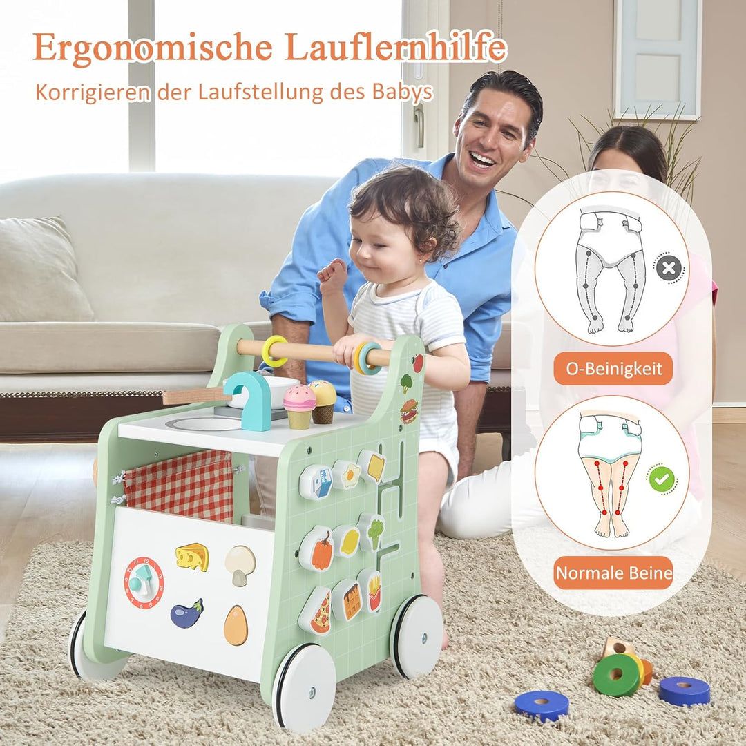 DREAMADE Lauflernwagen Holz, 6-in-1 hölzerne Lauflernhilfe, Baby Walker mit Blöcken &amp; 9 Teilen Zubeh
