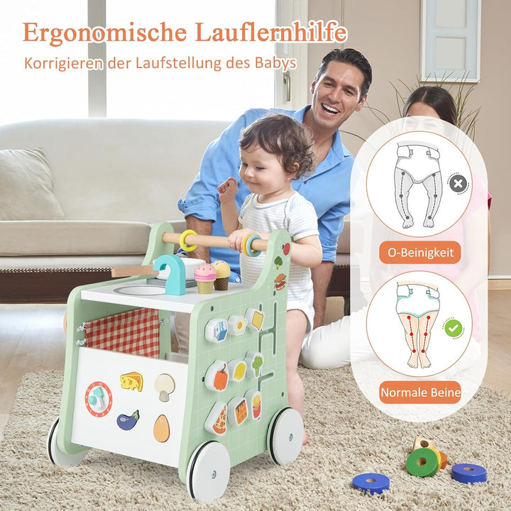 DREAMADE Lauflernwagen Holz, 6-in-1 hölzerne Lauflernhilfe, Baby Walker mit Blöcken &amp; 9 Teilen Zubeh