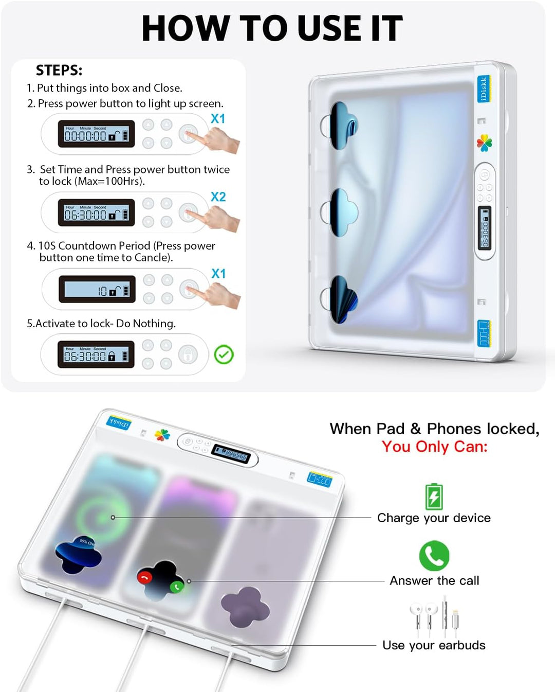 iDiskk Phone/Pad Timer Lock Box, zeitgesteuertes Schliessfach für iPad/Tablet/TV-Controller, Telefon