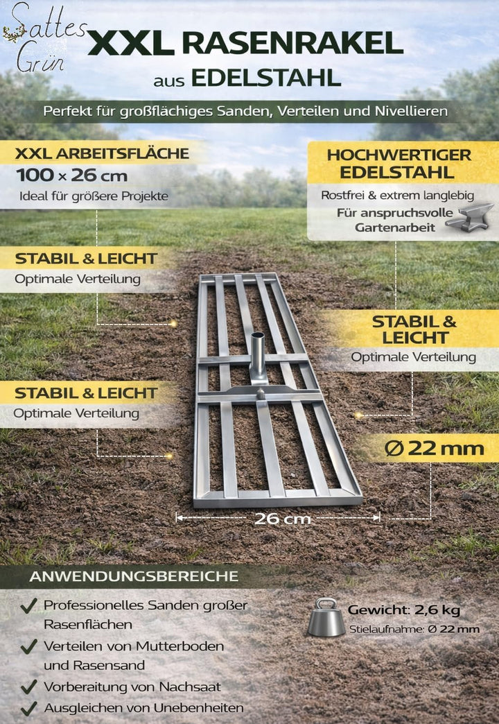 XXL Rasenrakel 100 x 26 cm aus Edelstahl – Profi Leveling Rake ohne Stiel – Flächenebner zum Sanden,