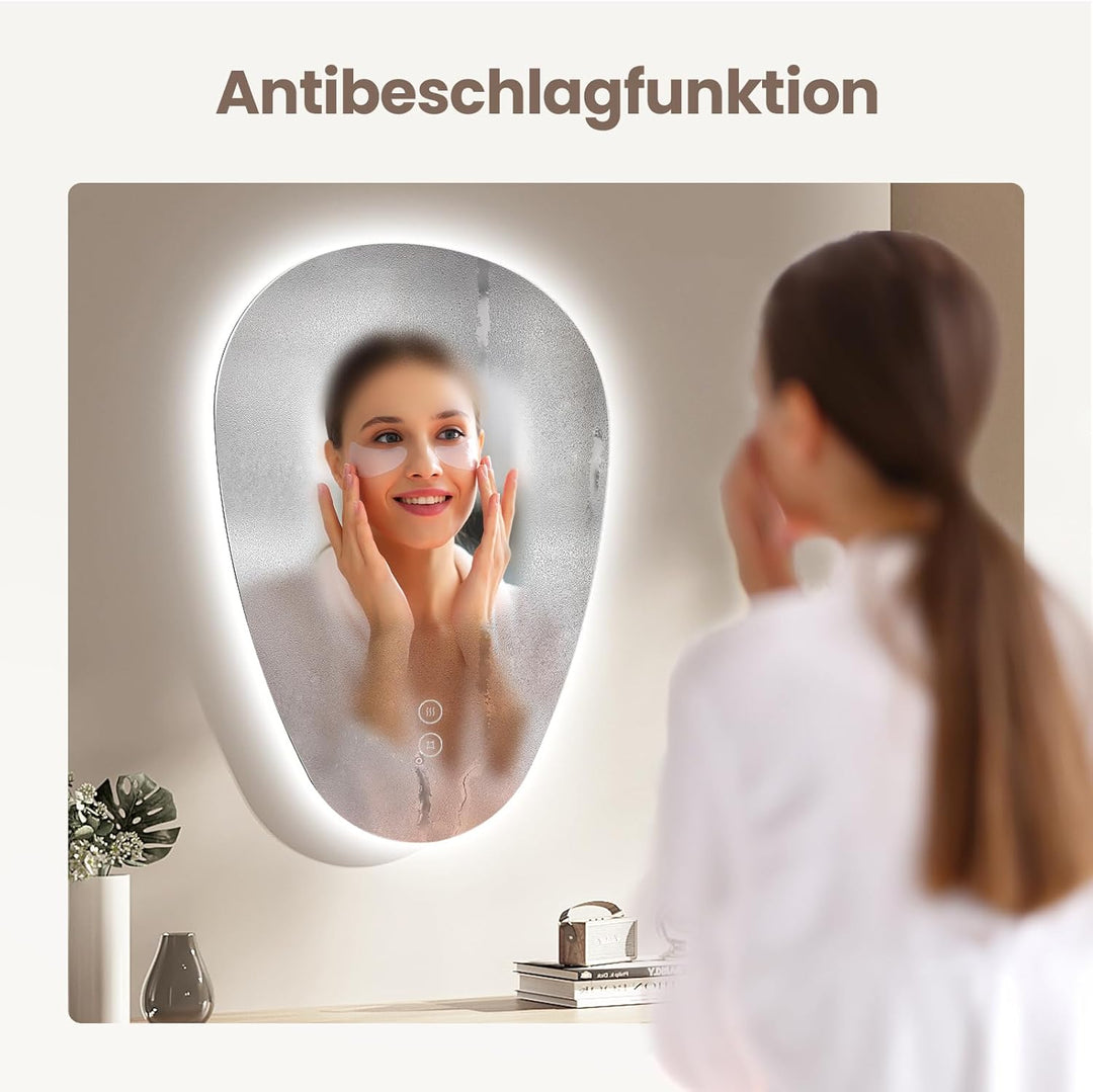 EMKE Asymmetrischer Spiegel LED Badspiegel mit Beleuchtung 70 x 50 cm Touch-Schalter, 3 Lichtfarben