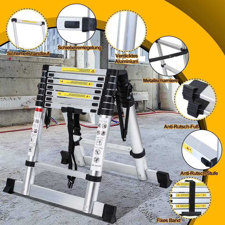 Fiqops 1.7M+2.0M Teleskopleiter 5 + 6 Stufen Klappleiter A-Rahmen Max Belastung 150 KG/330 Pfund, Al