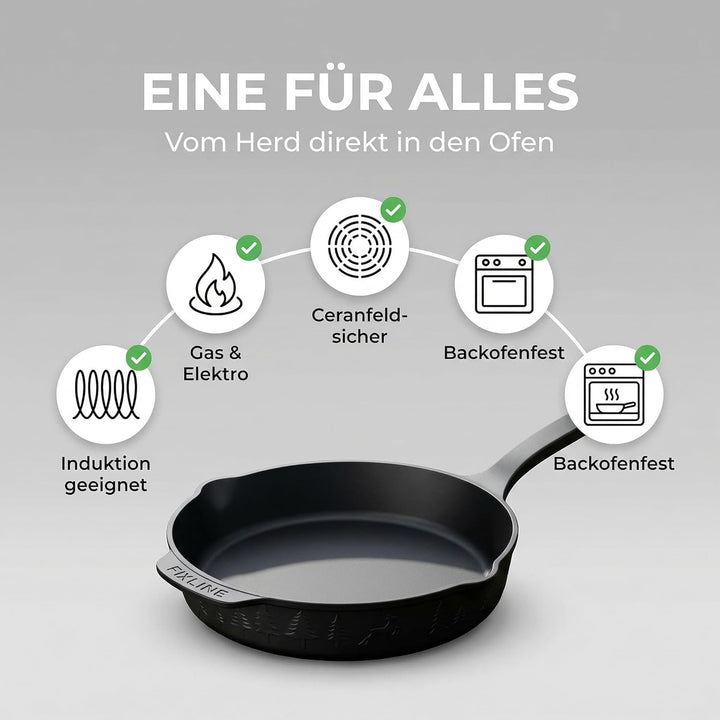 FIXLINE® BLACK FOREST Gusseisenpfanne 24cm - Induktion und alle Herdarten - Emailliert für kein Rost