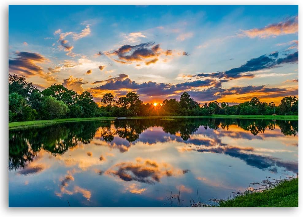 Feeby Wandbild Sonnenuntergang Druckbild Leinwandbild Natur Blau 100x70 cm
