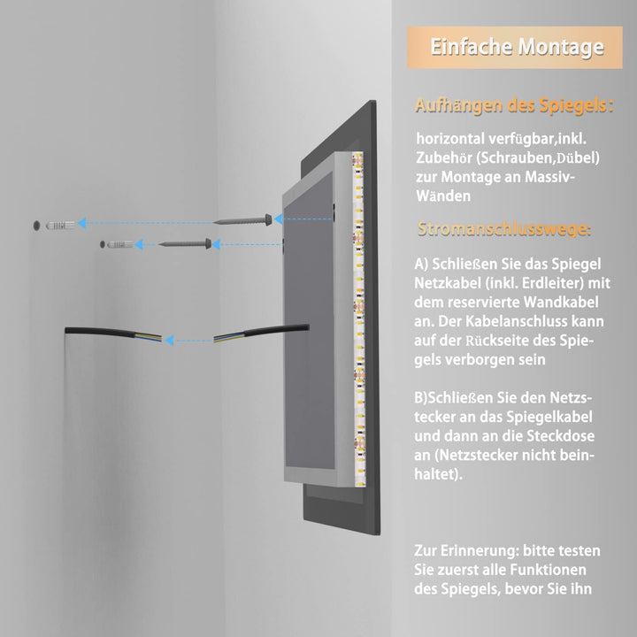 Aica Sanitär LED Badspeigel 120×70cm Bluetooth Uhr 3 Lichfarbe dimmbar Memory Wand/Touchschalter Ant
