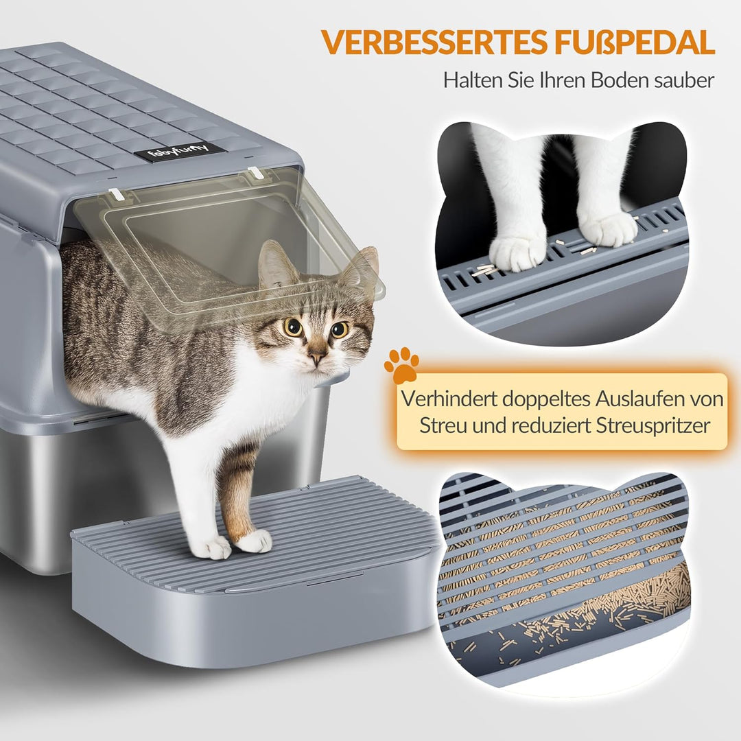 Edelstahl-Katzenklo mit Deckel, XXL Geschlossene Metall-Katzenklo, Katzentoiletten mit Schaufel und