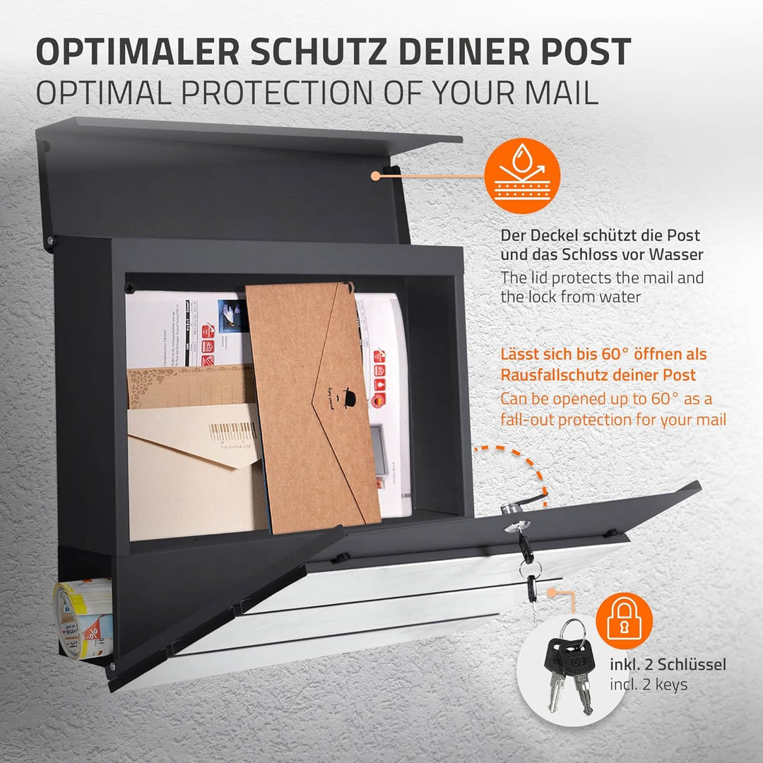 ECD Germany Standbriefkasten mit Zeitungsfach, Briefkasten Standfuss freistehend, Briefkastenständer