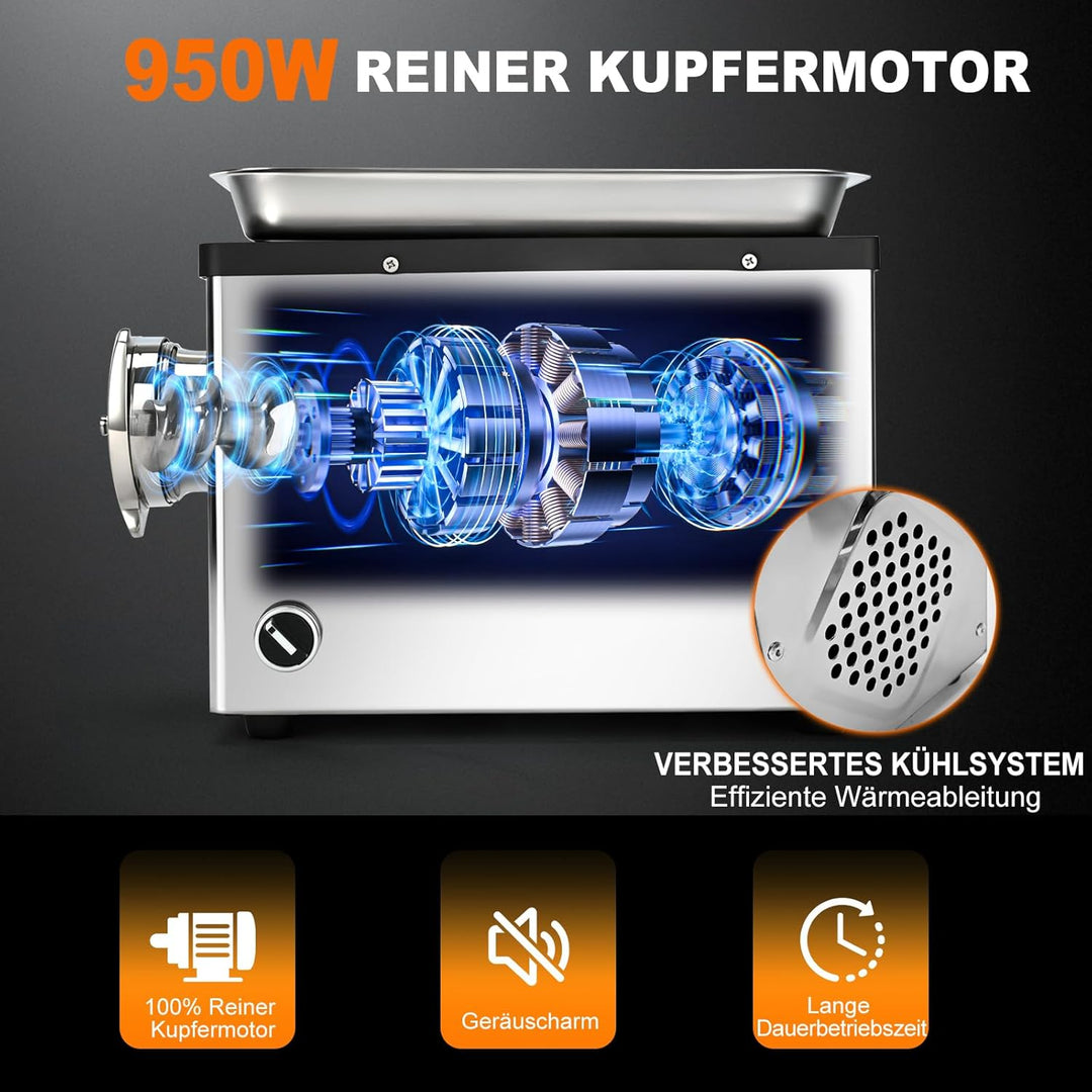 Anatole Fleischwolf Elektrisch Profi Hackfleisch Maschine 950W Edelstahl Multi Wurstmaschine mit 6/8