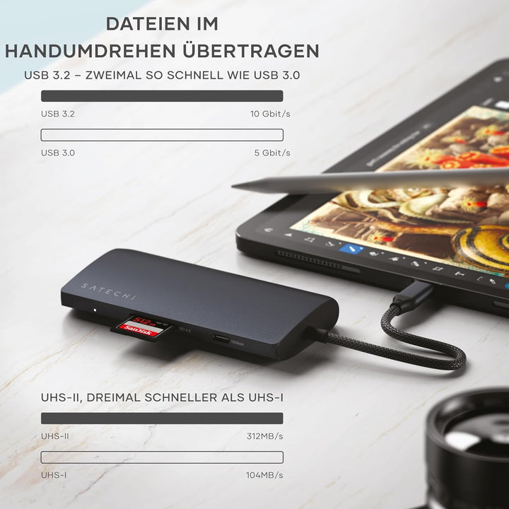 SATECHI 8-in-1 USB-C Hub Multiport Adapter V3, 8K@60Hz HDMI, 100W Ladeleistung, 4X USB-Datenanschlüs