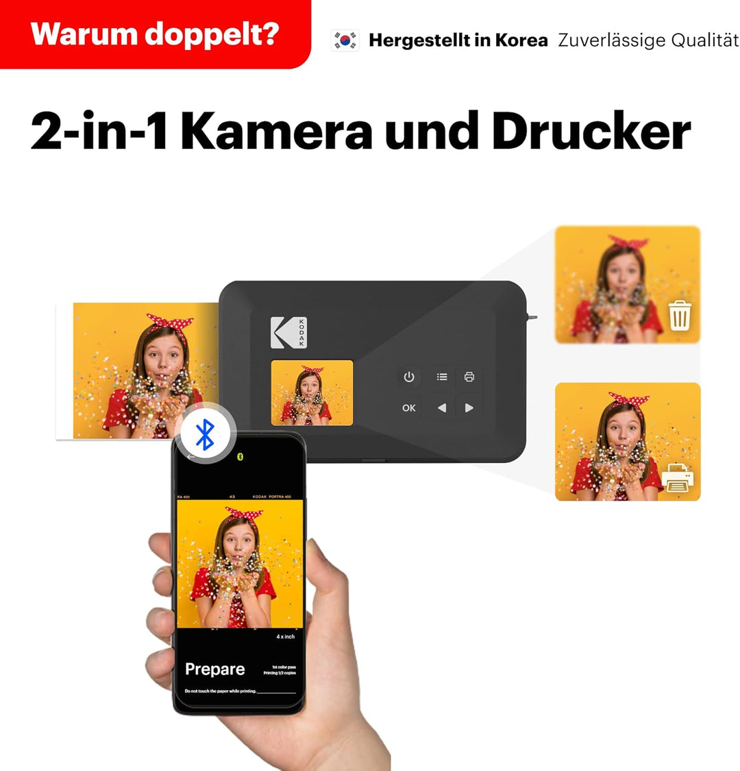 KODAK Mini Shot 2 Retro 4PASS 2-in-1 Sofortbildkamera und Fotodrucker (5,3x8,6cm) + 8 Blatts, Gelb M
