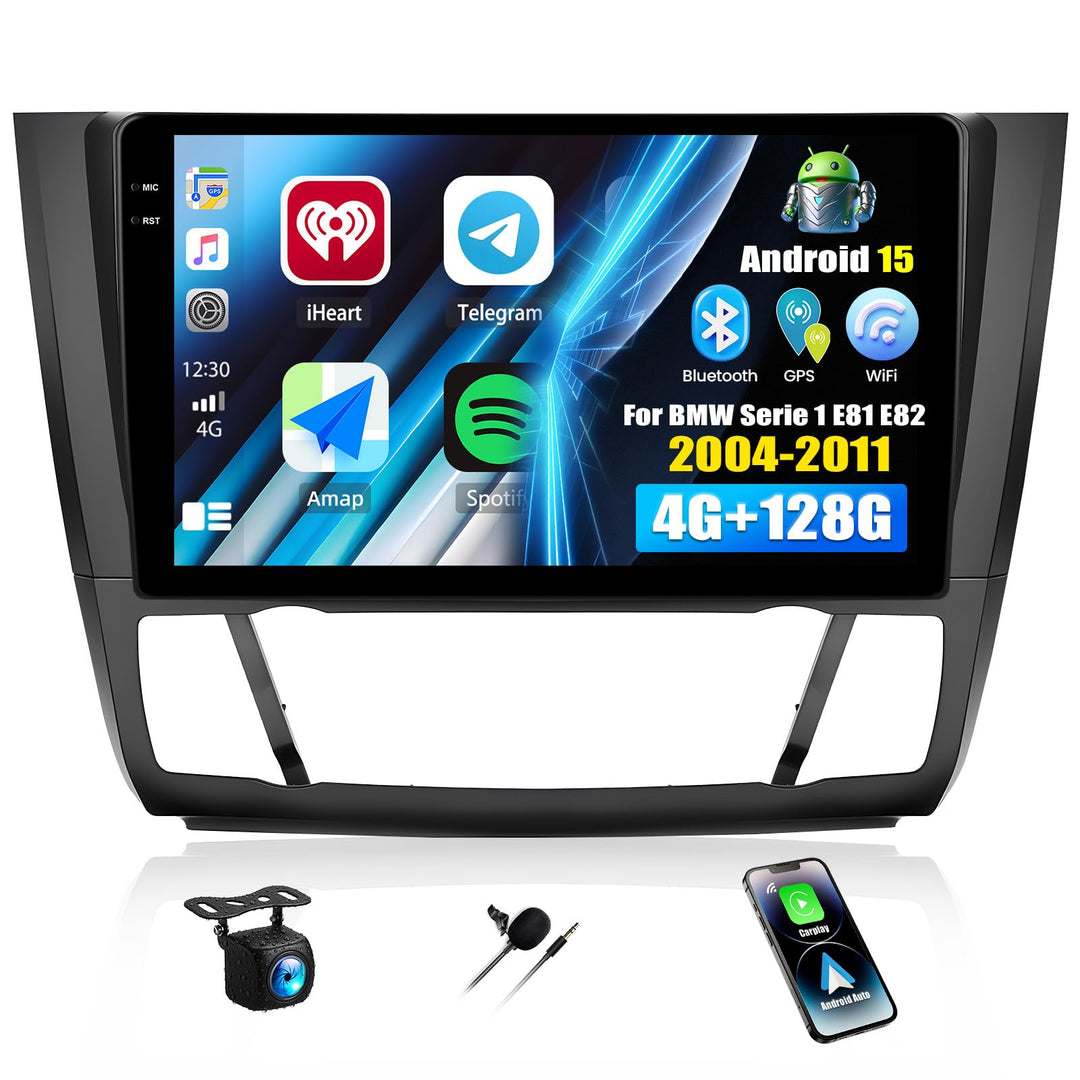CAMECHO 4+128G Android 15 Navi Autoradio 9 Zoll für BMW Serie 1 E81 E82 E87 E88 2004-2011 mit Rückfa