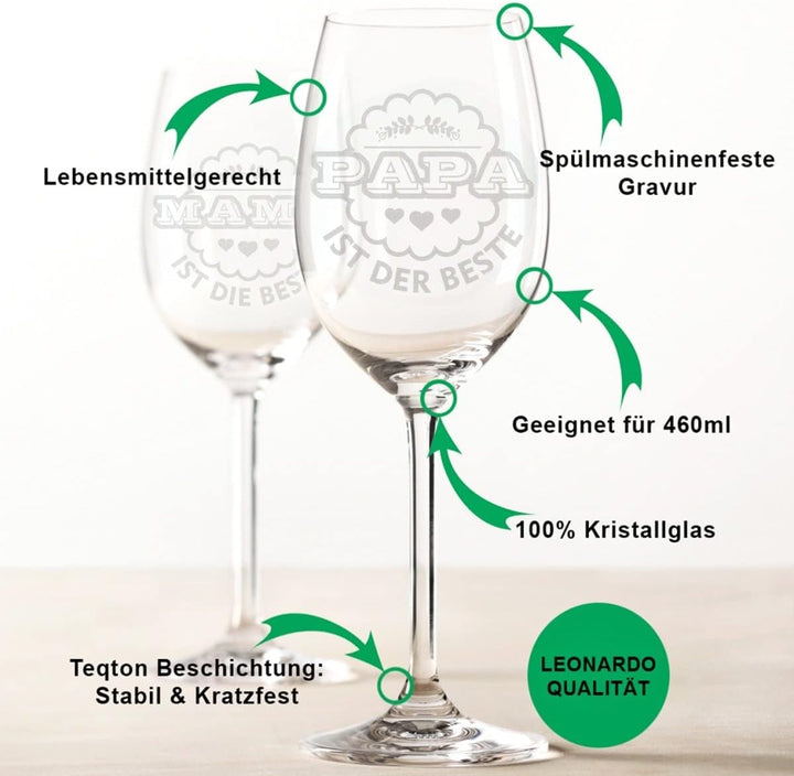 GRAVURZEILE Leonardo Weingläser mit Gravur inkl. Holzkiste - Mama ist die Beste & Papa ist der Beste