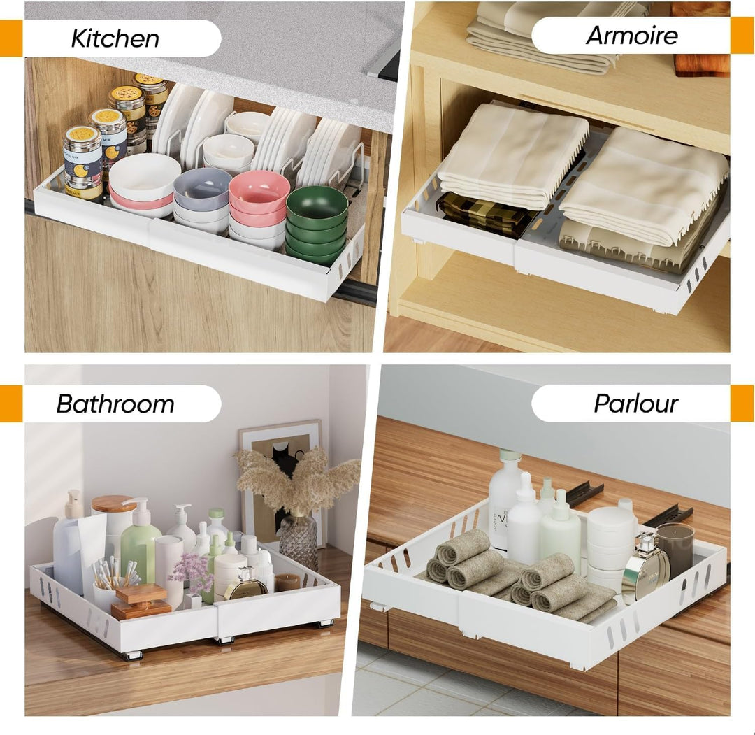 2 Pack erweiterbar Pull Out Cabinet Organizer Adhesive, Peel und Stick Slide Out Schubladen für Küch