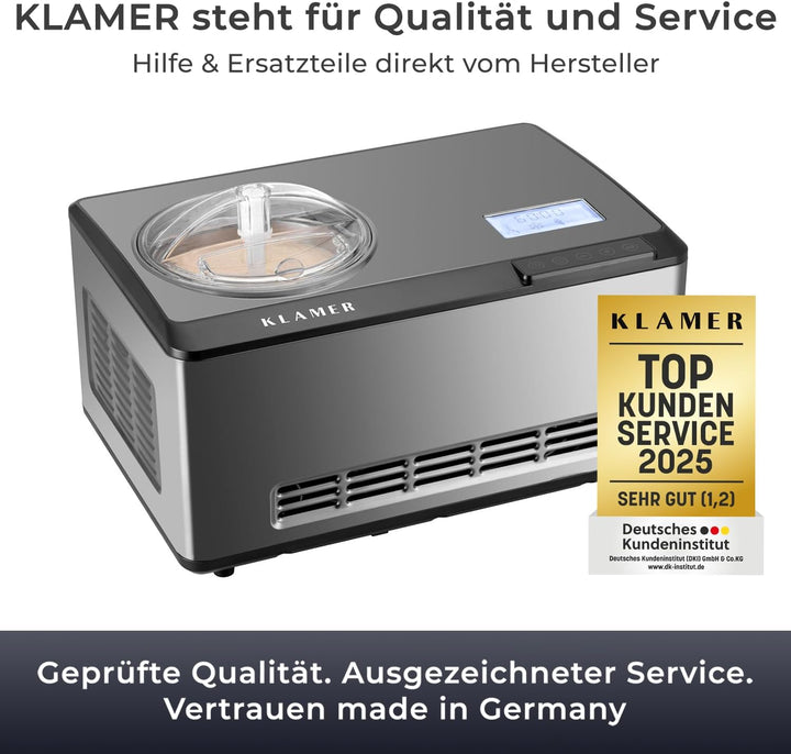 KLAMER 2-in-1 Eismaschine & Joghurtbereiter 2 L, 180 W Eiscrememaschine aus Edelstahl mit Kühl- und