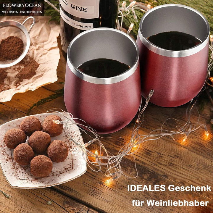 Weinbecher aus Edelstahl,2 Stück 12OZ Weingläser to go,hält 5h heiss/ 10h kalt,BPA-frei,Doppelwandig