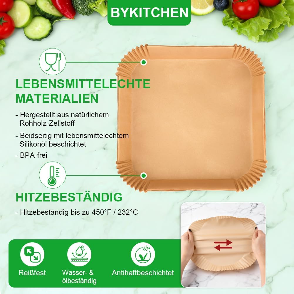 BYKITCHEN 200 Stück Backpapier Airfryer für 8L-12L Heissluftfritteuse, 25cm, Antihaft Eckig Hitzebes
