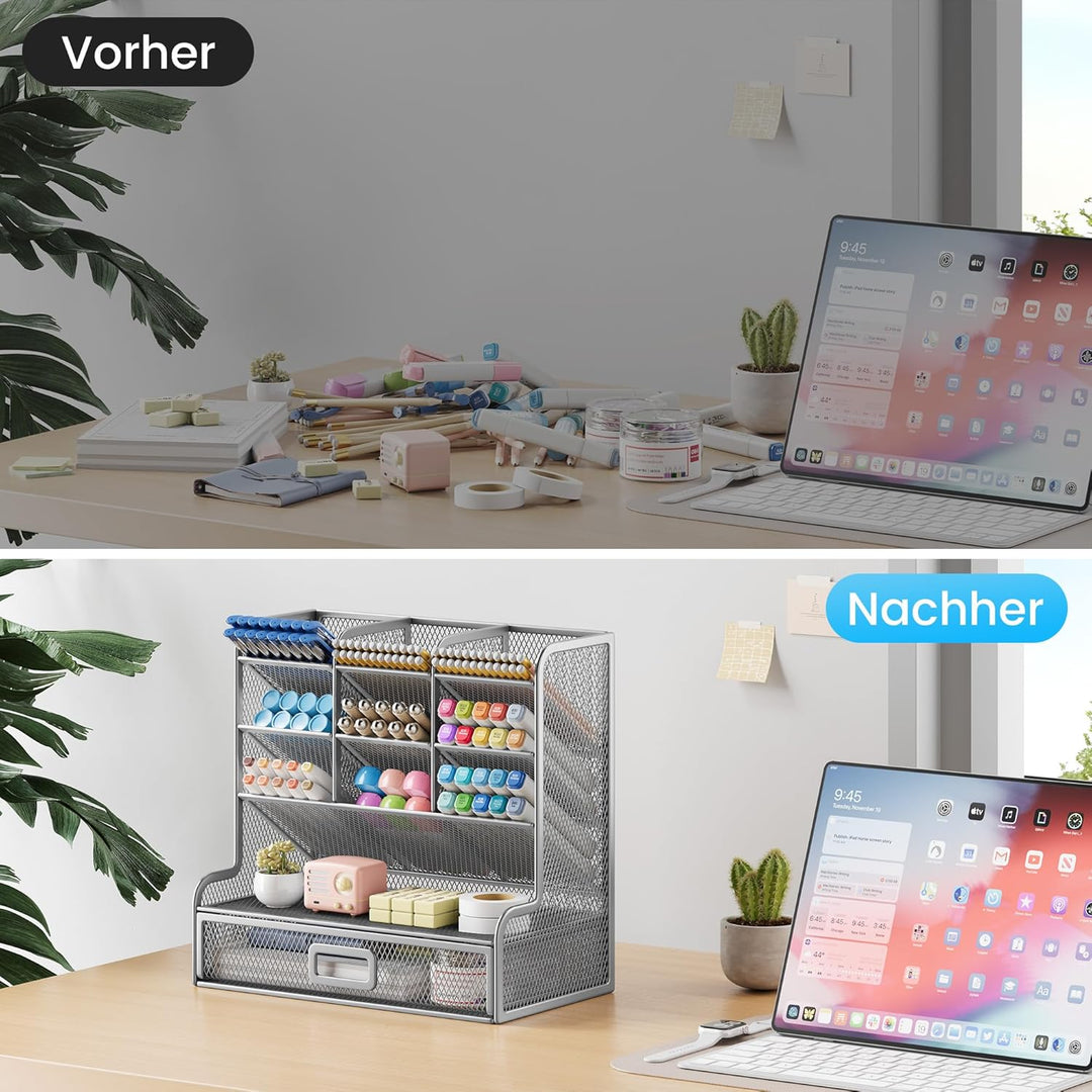 VITVITI Schreibtisch Organizer, 9 Fächer Stiftehalter mit Schublade, Netz Stifte Regal aus Metall, S