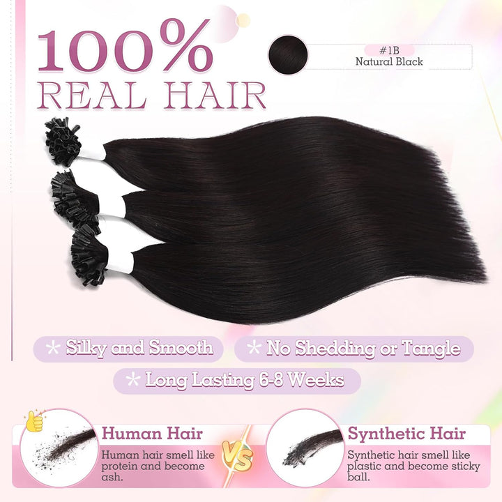 Elailite Bondings Extensions Echthaar Haarverlängerung Schwarz U-tip Keratin Haar Extension Glatt 25