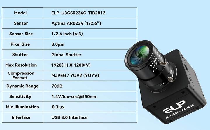 ELP Global Shutter Farbkamera mit USB 3.0, 120/200 FPS Ultrahohe Bildrate, Webcam, 1200P 2,8–12 mm 4