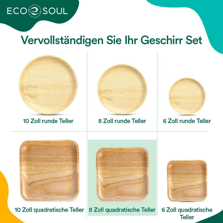 ECO SOUL 100% kompostierbare 20 cm, quadratische Palmblatt Teller [50 Stück] |Premium Palmblatt Gesc