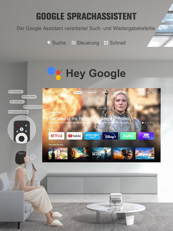 Smart Beamer【Google TV/Offizielle App】 VOPLLS Beamer 4K Heimkino 1200ANSI mit Autofokus ＆ Trapezkorr