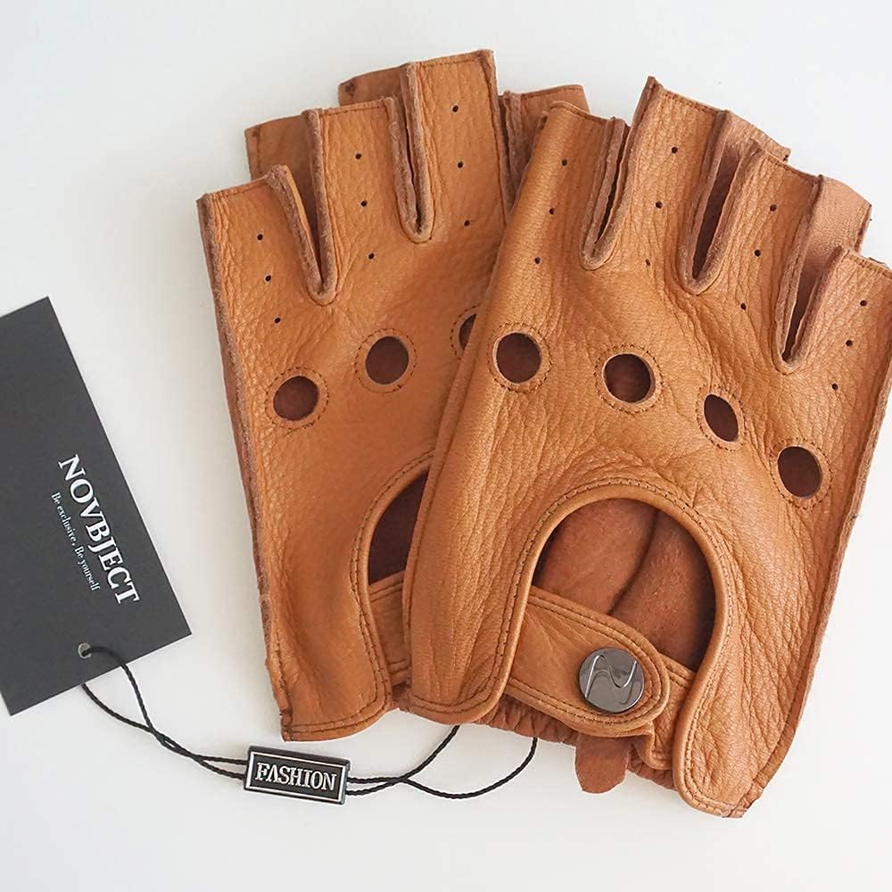 NOVBJECT Herren Fingerlose Lederhandschuhe Hirschleder Halber Finger Ungefüttert Motorrad Outdoor Au