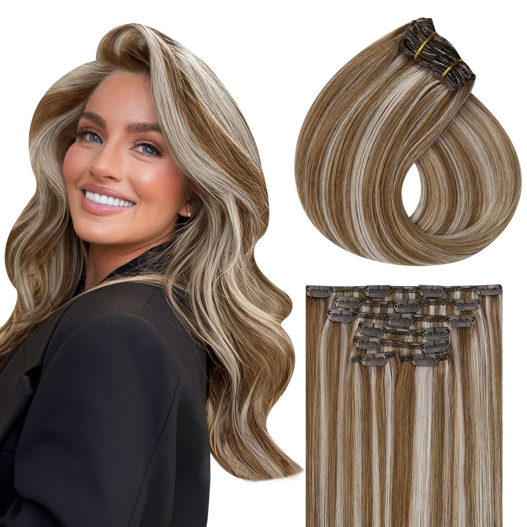 Vivien 25cm Clip in Extensions Echthaar Blond Hellbraun Mit Platinblond #P8/60 Clip in Extensions Ec