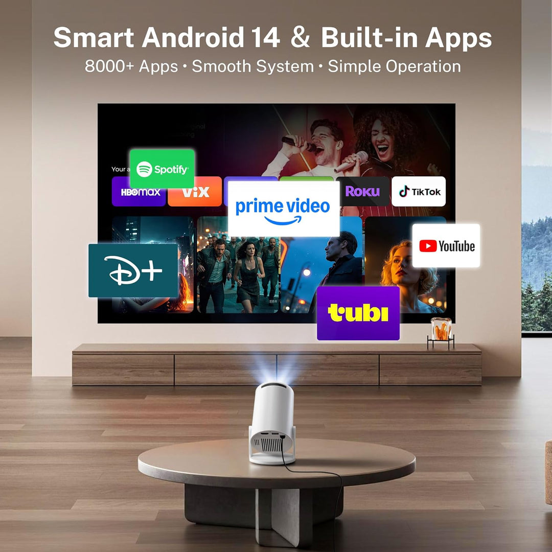 Mini Beamer mit Android TV mit Bluetooth & WiFi 6, Auto Keystone Portable Projektor, 180° Rotation,
