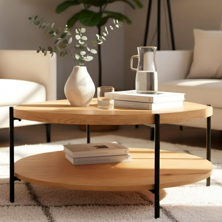 CLP Couchtisch rund Holz Edduma, Sofatisch 2 Ebenen mit Stauraum, Beistelltisch klein Metallgestell