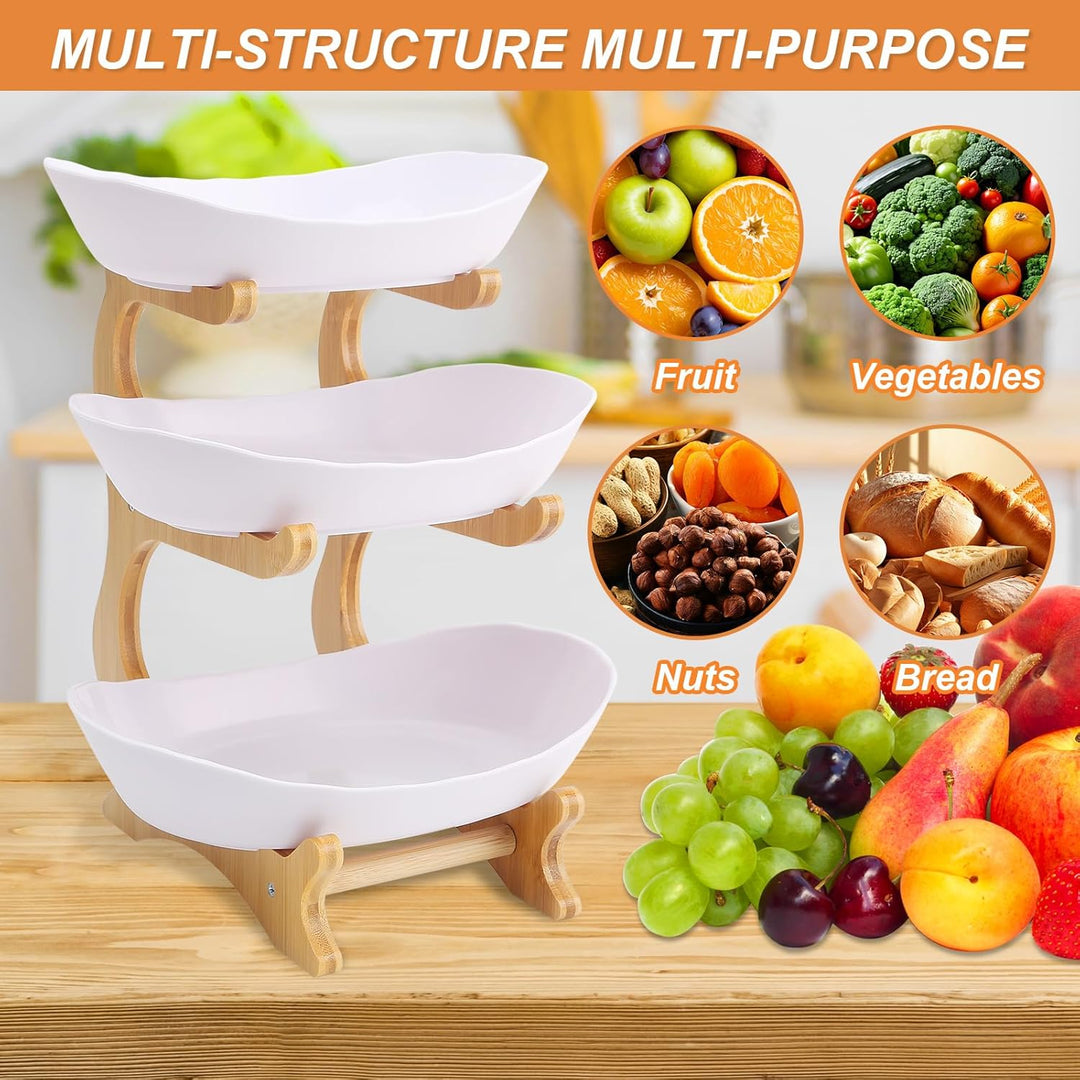 Obstschalenkorb, 3-stöckig, Servierschalen, Tablett-Set, Obstkorbständer mit Holzregal für Unterhalt