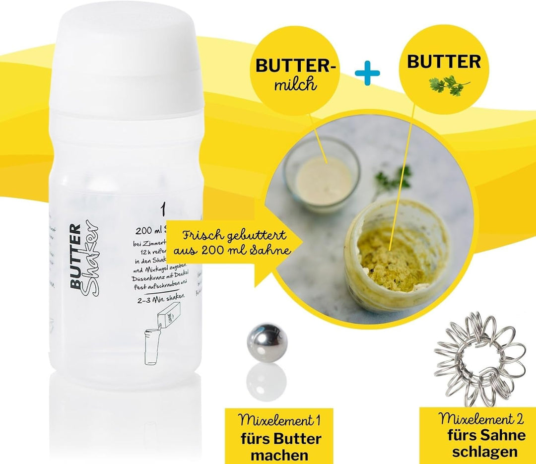 Butter machen mit dem 325ml-Butter &amp; Sahne-Shaker (WEISS) mit Butterungskugel und Aufschäumer
