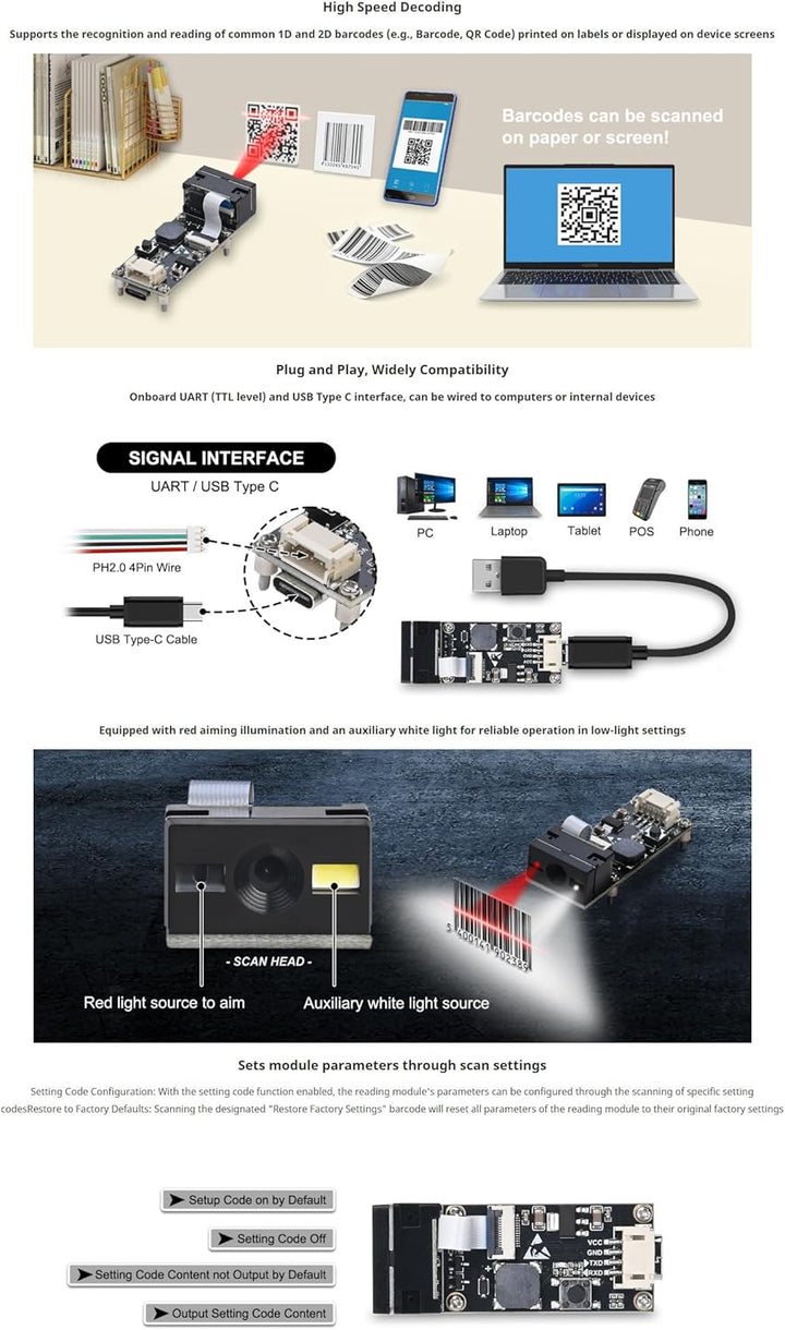 Embedded 1D 2D Barcode Scanner Module, QR Code Reader with USB Type-C &amp; TTL UART Interface, Fast Dec
