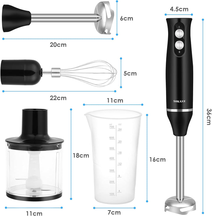 Dreamhigh 4-in-1 Elektrische Stabmixer Set, 500W Pürierstab mit 2 Geschwindigkeiten, inkl. Schneebes