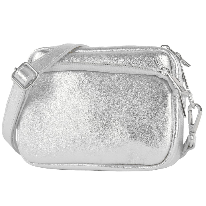 modamoda de - T231 - ital. Umhängetasche Klein Small aus Leder Silber-metallic, Silber-metallic
