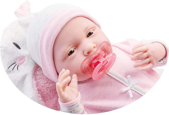 JC TOYS - Newborn Puppe 38 cm aus weichem Vinyl, inklusive Strampler und 5 Accessoires, Rosa, entwor
