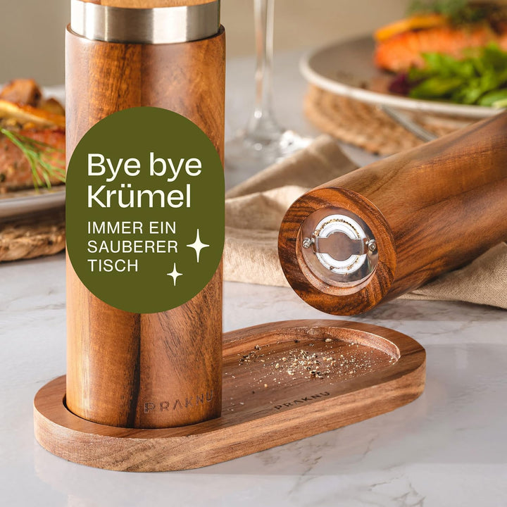 Salz und Pfeffermühle aus Akazienholz mit Untersetzer - Nachhaltiges FSC® Holz - Langlebiges Keramik