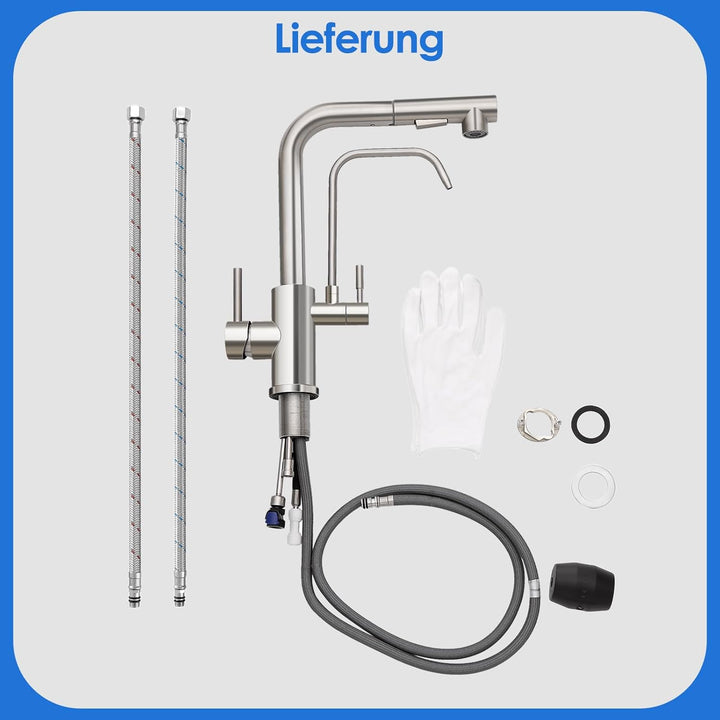 ROVOGO 3 Wege Wasserhahn Küche mit Filter, Hochdruck Küchenarmatur mit 2 Strahlarten Brause Ausziehb