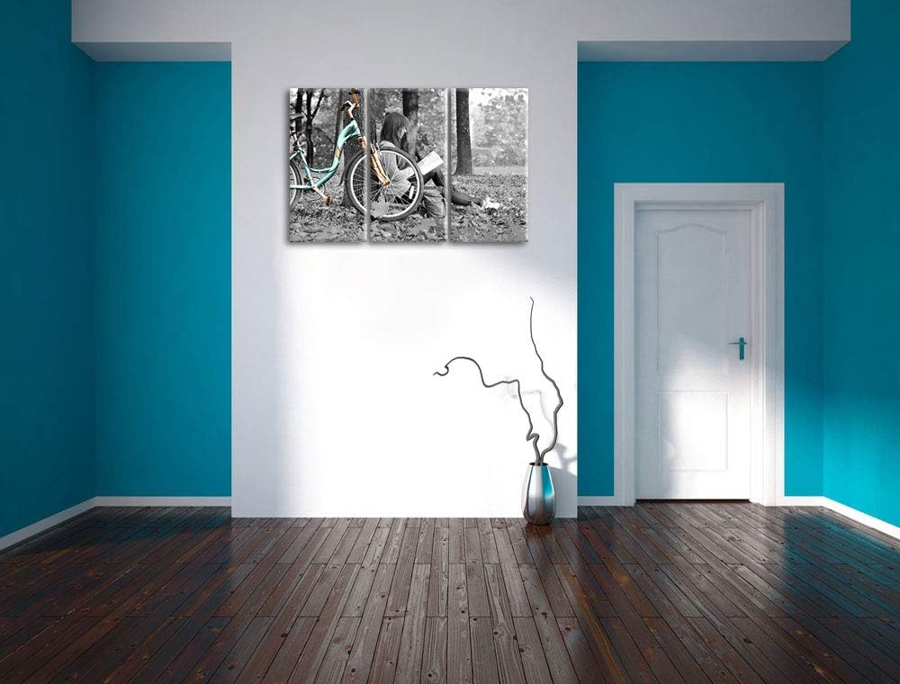 Pixxprint Junges Mädchen mit Fahrrad als Leinwandbild | Grösse: 3 Teilig (120x80) | Wandbild| Kunstd